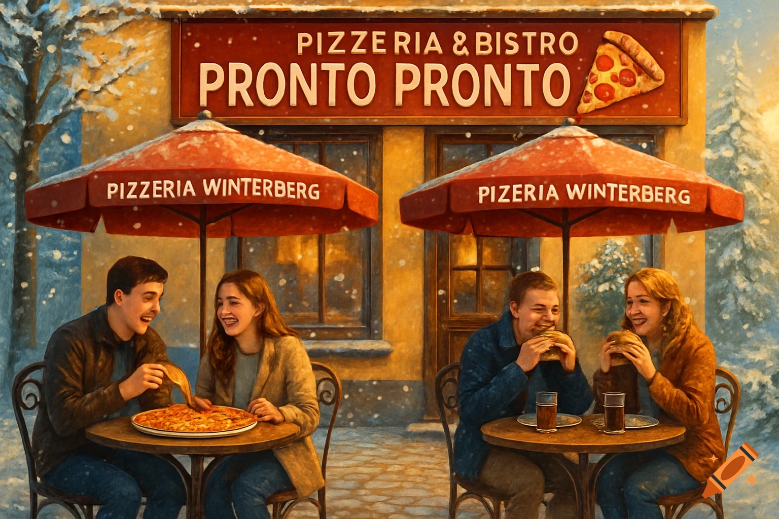 Two couples happily eat at outdoor tables in front of a pizzeria in a snowy winter scene, featuring a red awning and umbrellas.
