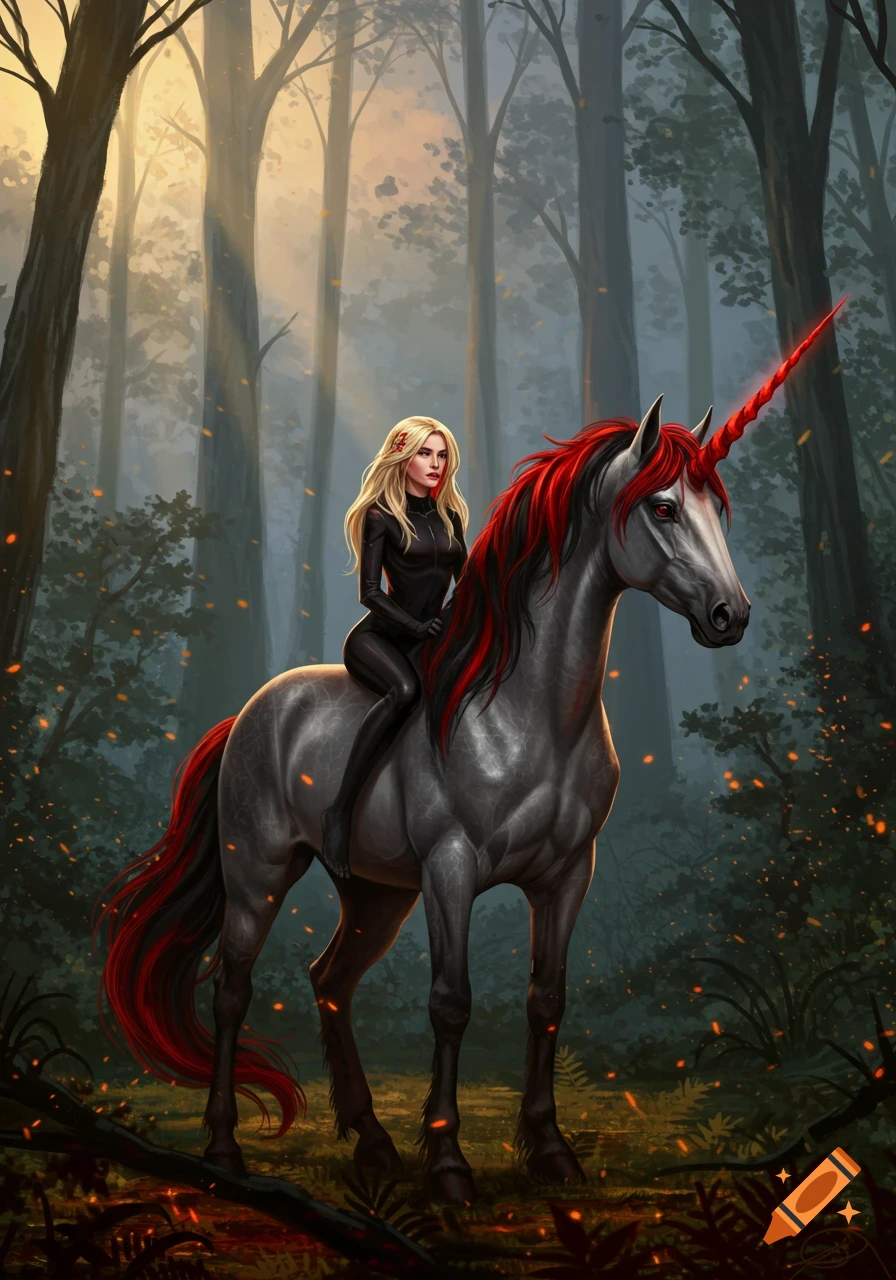 A blonde woman in a black suit rides a grey unicorn with a red horn and mane through a misty, sunlit forest, digital painting.