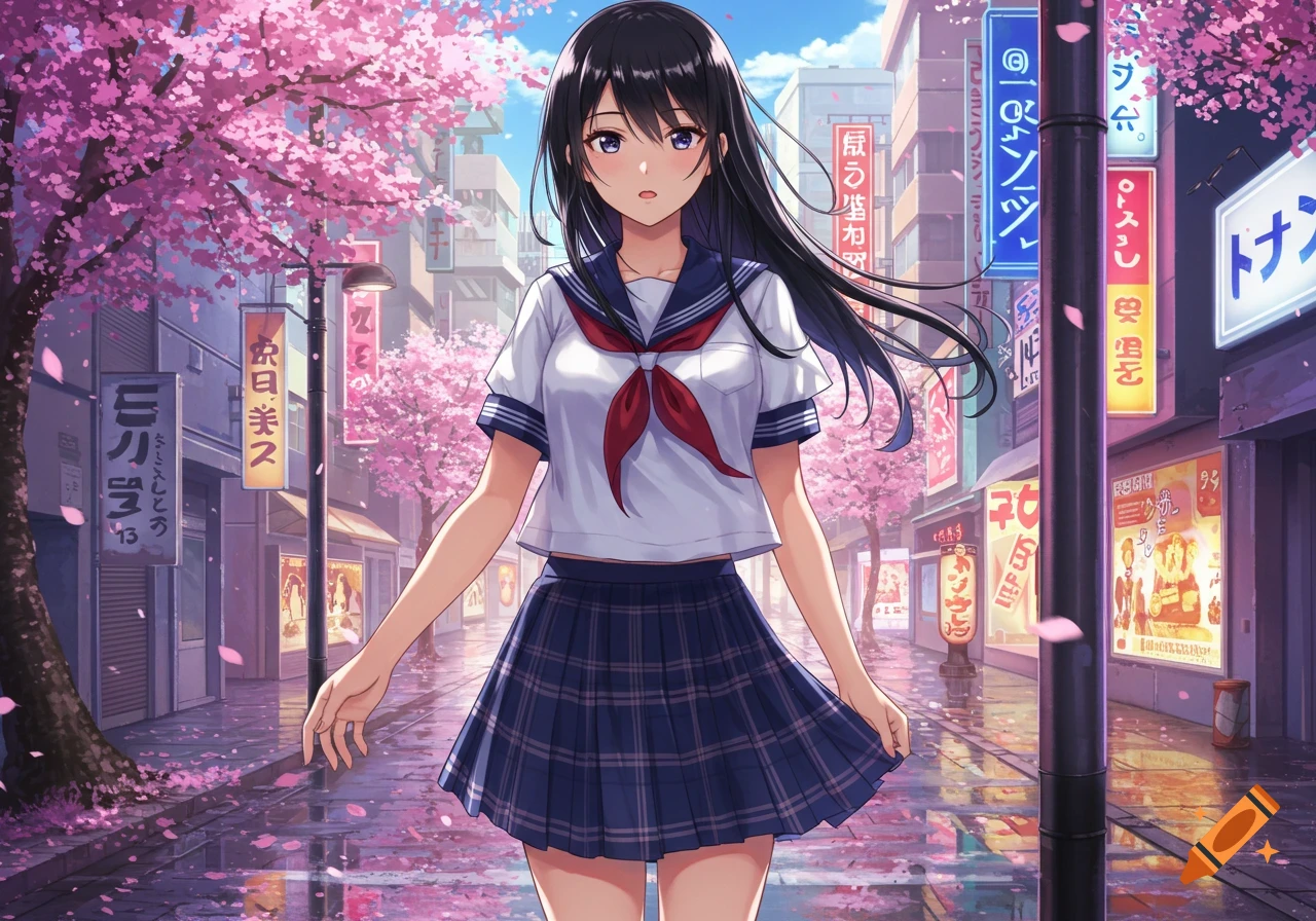 An anime girl in a Japanese school uniform stands on a cherry blossom-lined street in a city.