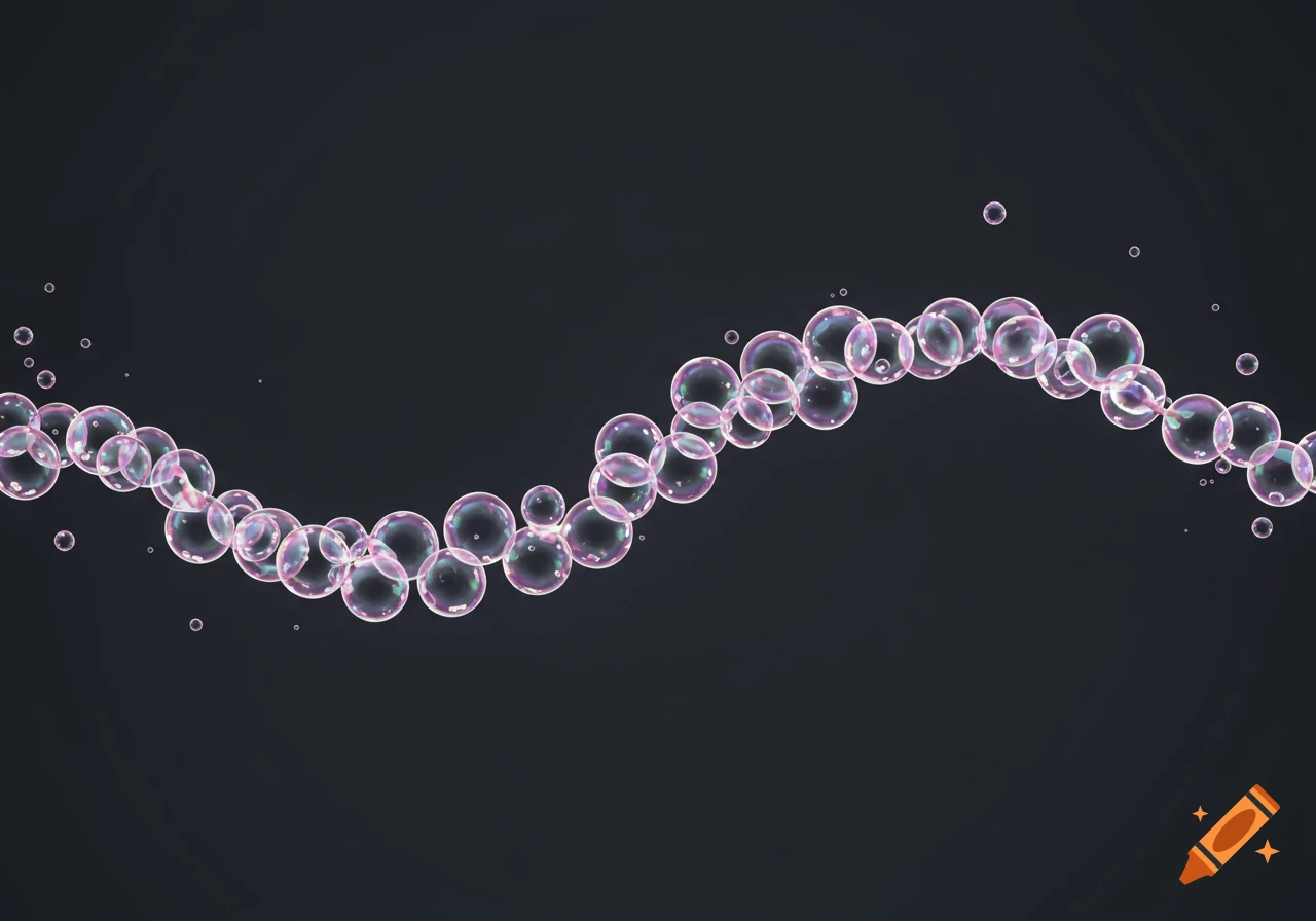 A wavy string of iridescent soap bubbles against a dark gray background.