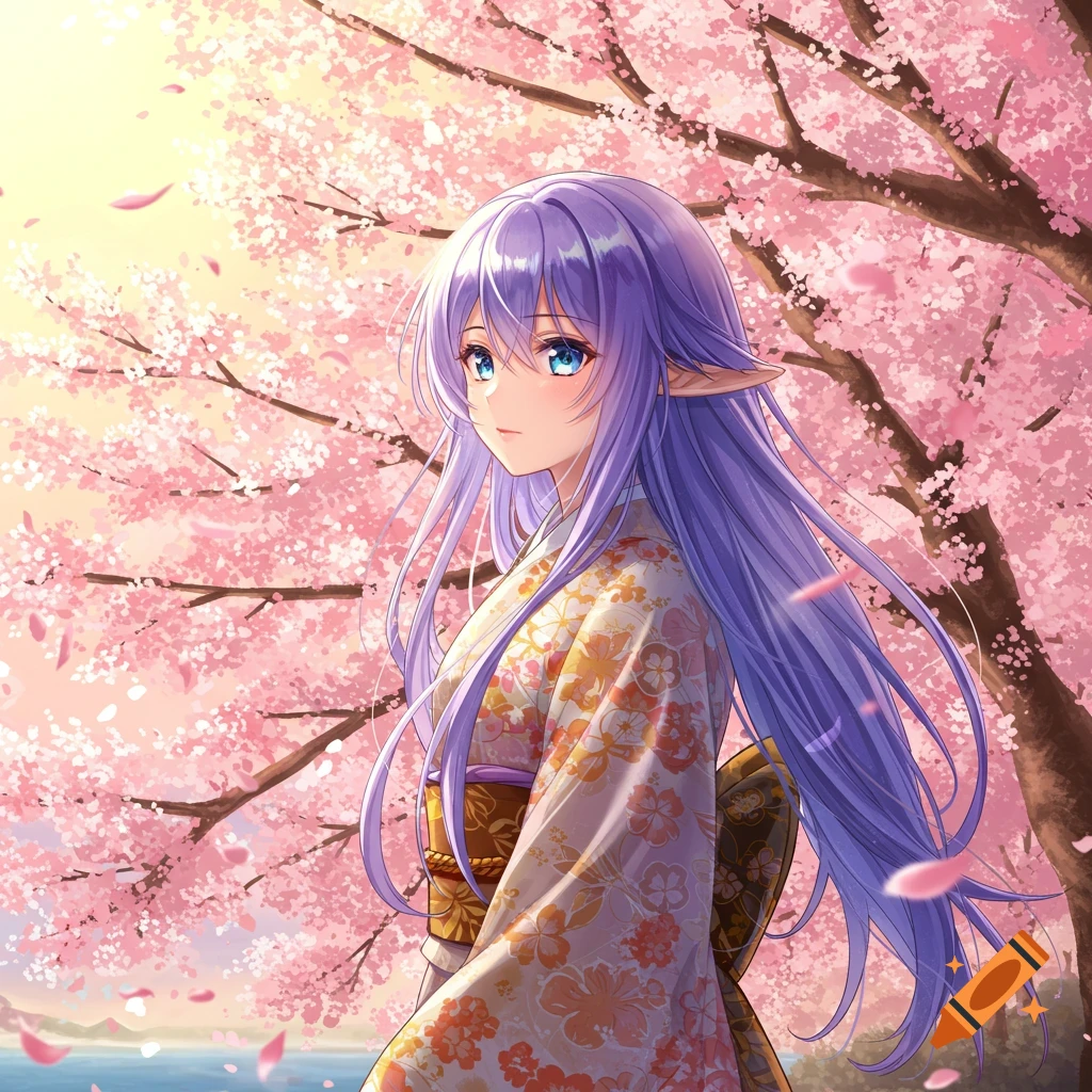 An anime elf girl with long purple hair wearing a kimono stands under pink cherry blossoms.