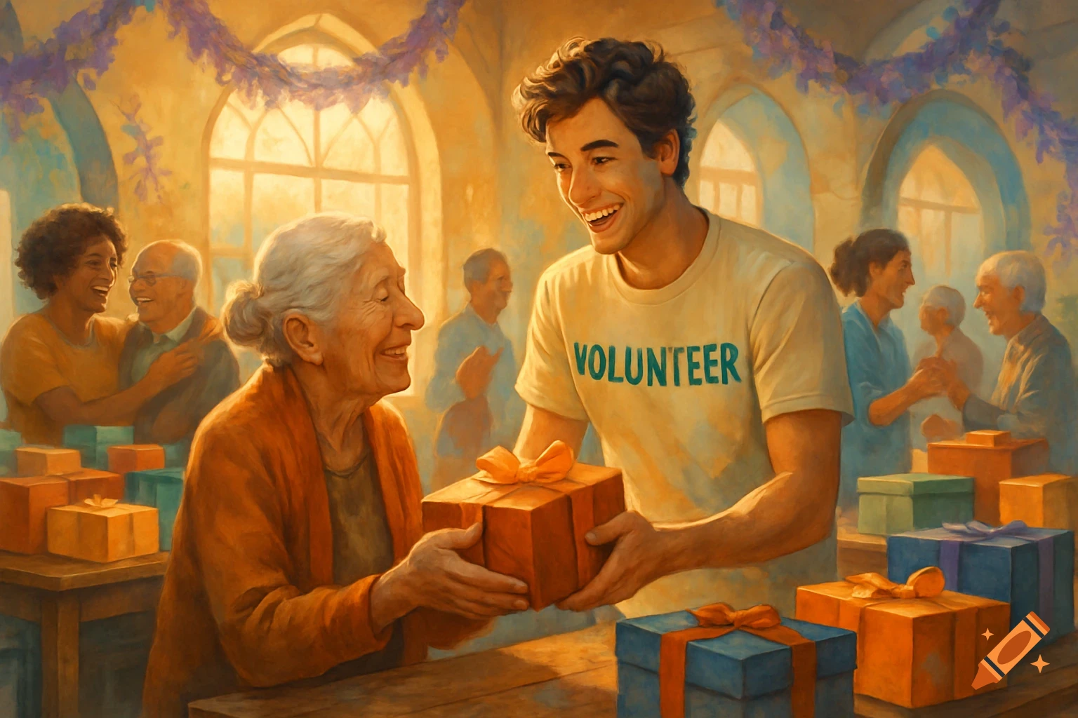 Young man in a 'VOLUNTEER' shirt gives a gift to a smiling elderly woman, surrounded by others in a warm, painterly community setting.