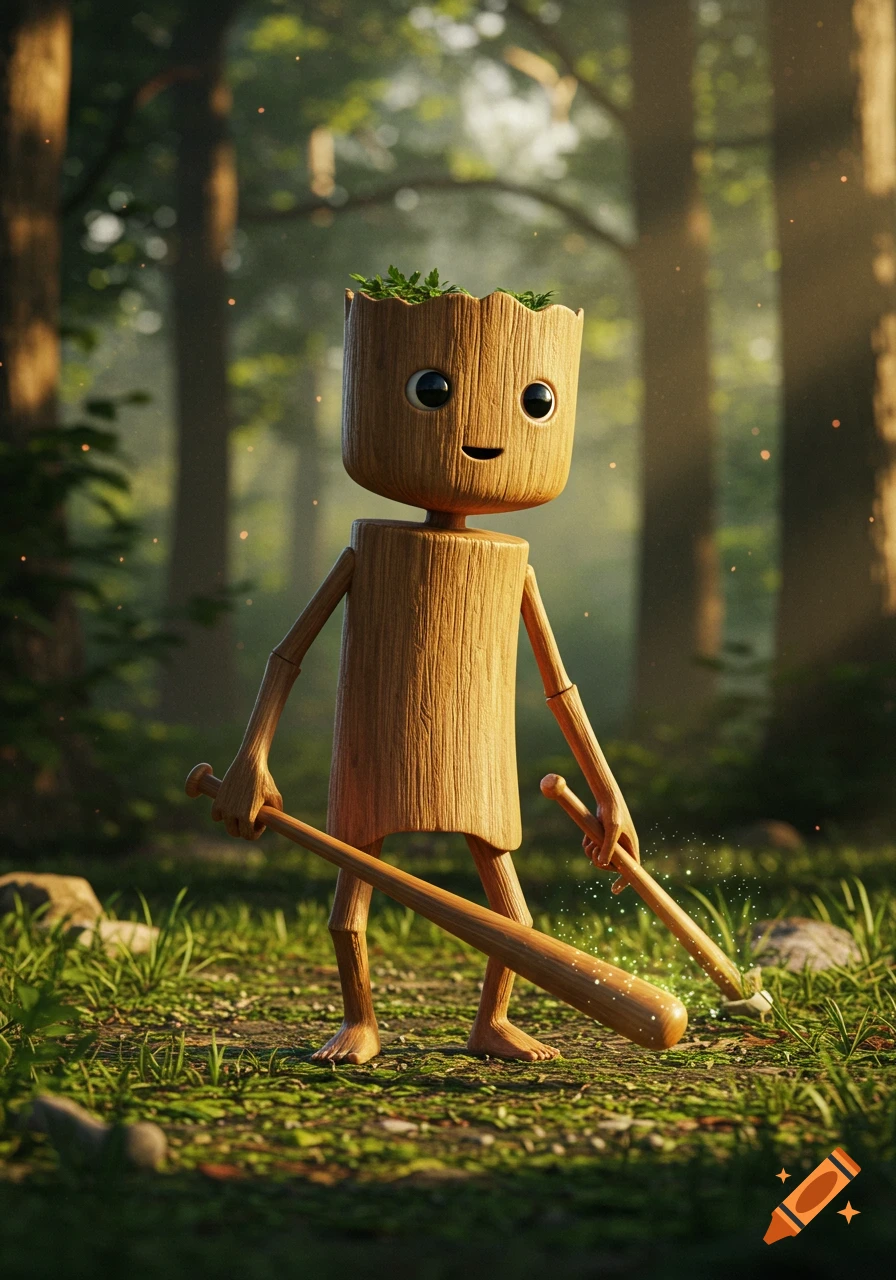 A 3D render of a cute, wooden, Groot-like character holding two baseball bats, standing barefoot in a sunlit forest.