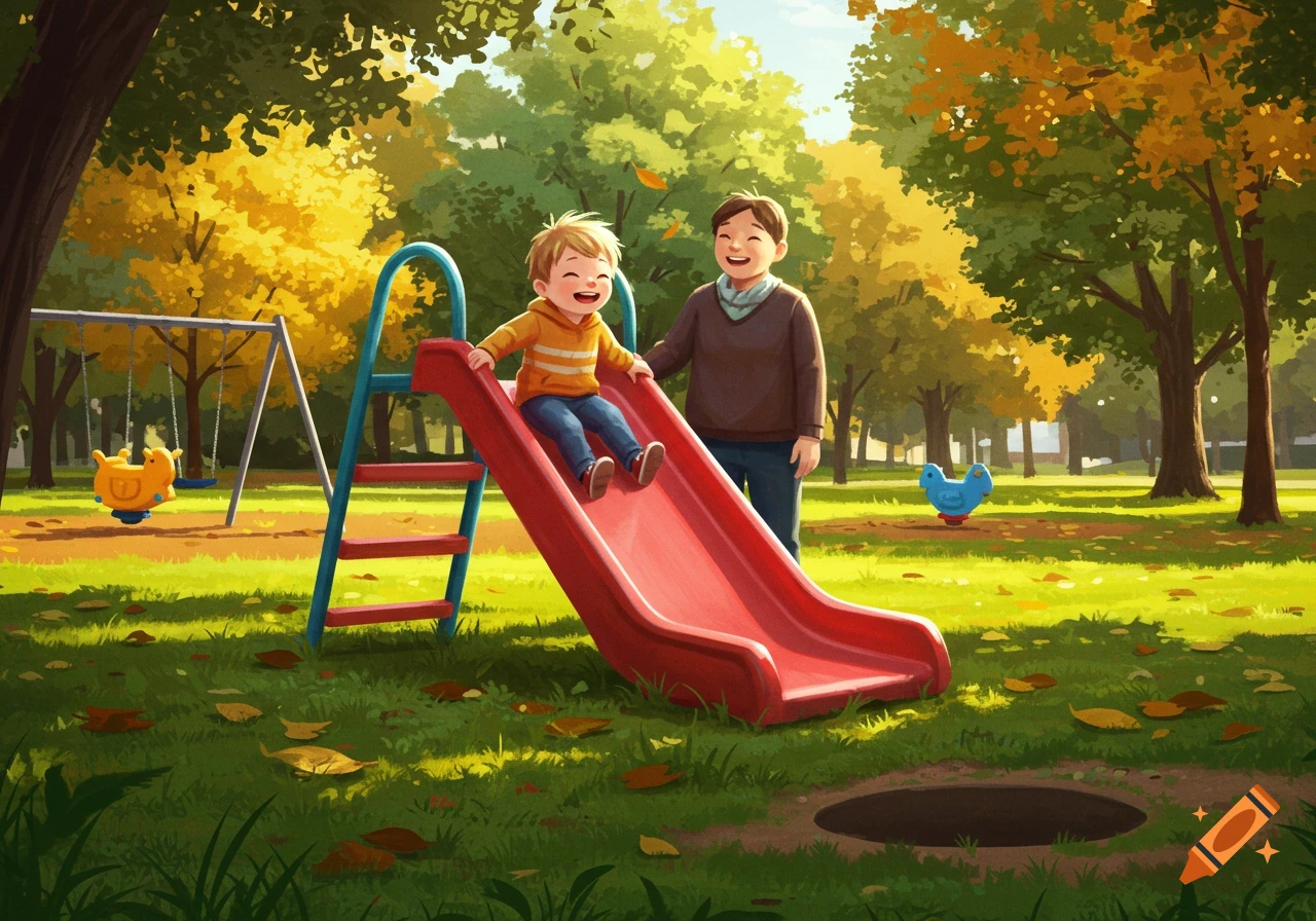 An illustration of a happy child sliding down a red slide in an autumn park playground, while an adult watches nearby.