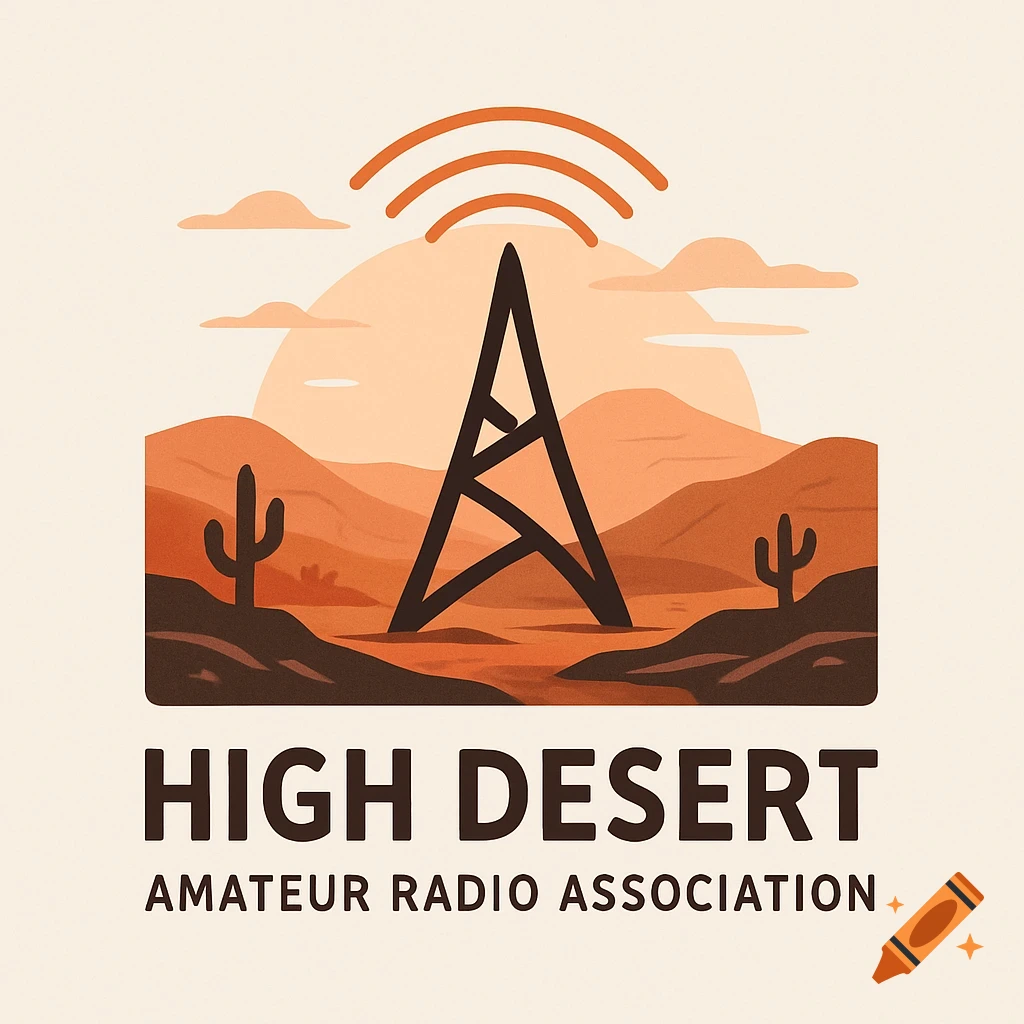 A logo with a desert landscape, including mountains, cacti, and a radio antenna emitting waves. Text reads "HIGH DESERT AMATEUR RADIO ASSOCIATION".