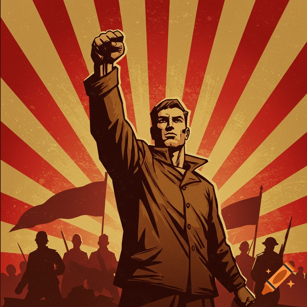 A propaganda-style illustration of a man with a raised fist, standing before a crowd with flags and a red and yellow sunburst background.