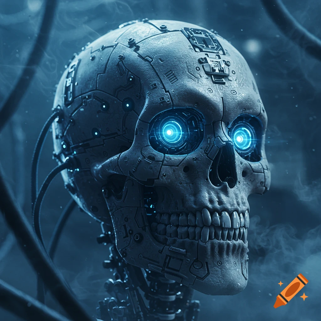 A detailed close-up of a metallic cyborg skull with glowing blue eyes and wires in a smoky, dark setting.