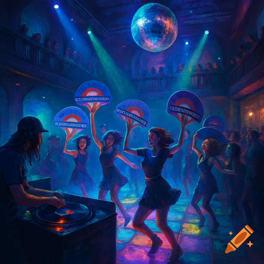 A DJ plays records in a vibrant, neon-lit nightclub, while women dance with fans under a disco ball and spotlights.