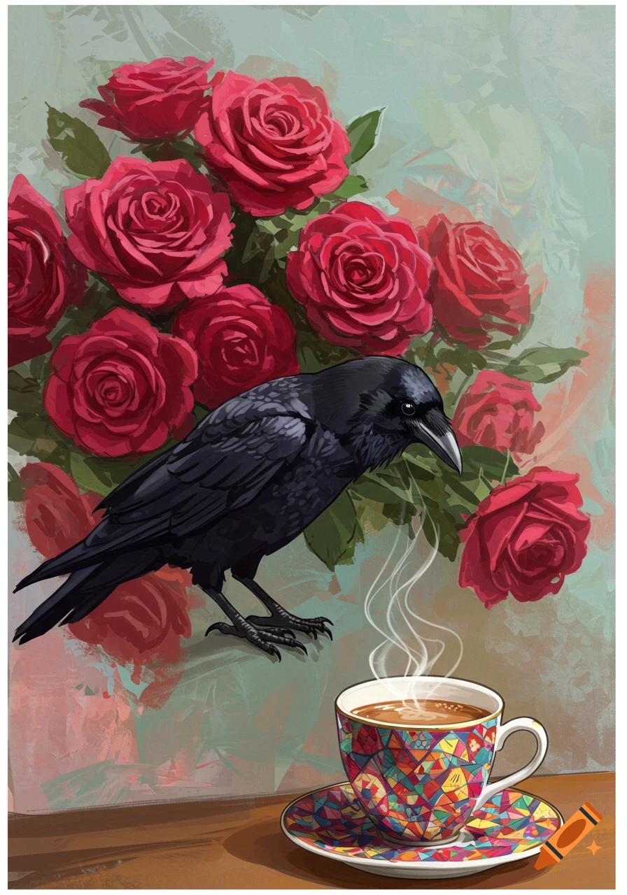 A black raven stands beside a steaming, colorful coffee cup, set against a backdrop of red roses in a painterly style.