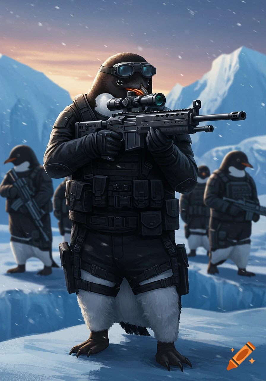 An armored penguin commando with a sniper rifle stands in a snowy arctic landscape, with other armed penguins in the background.