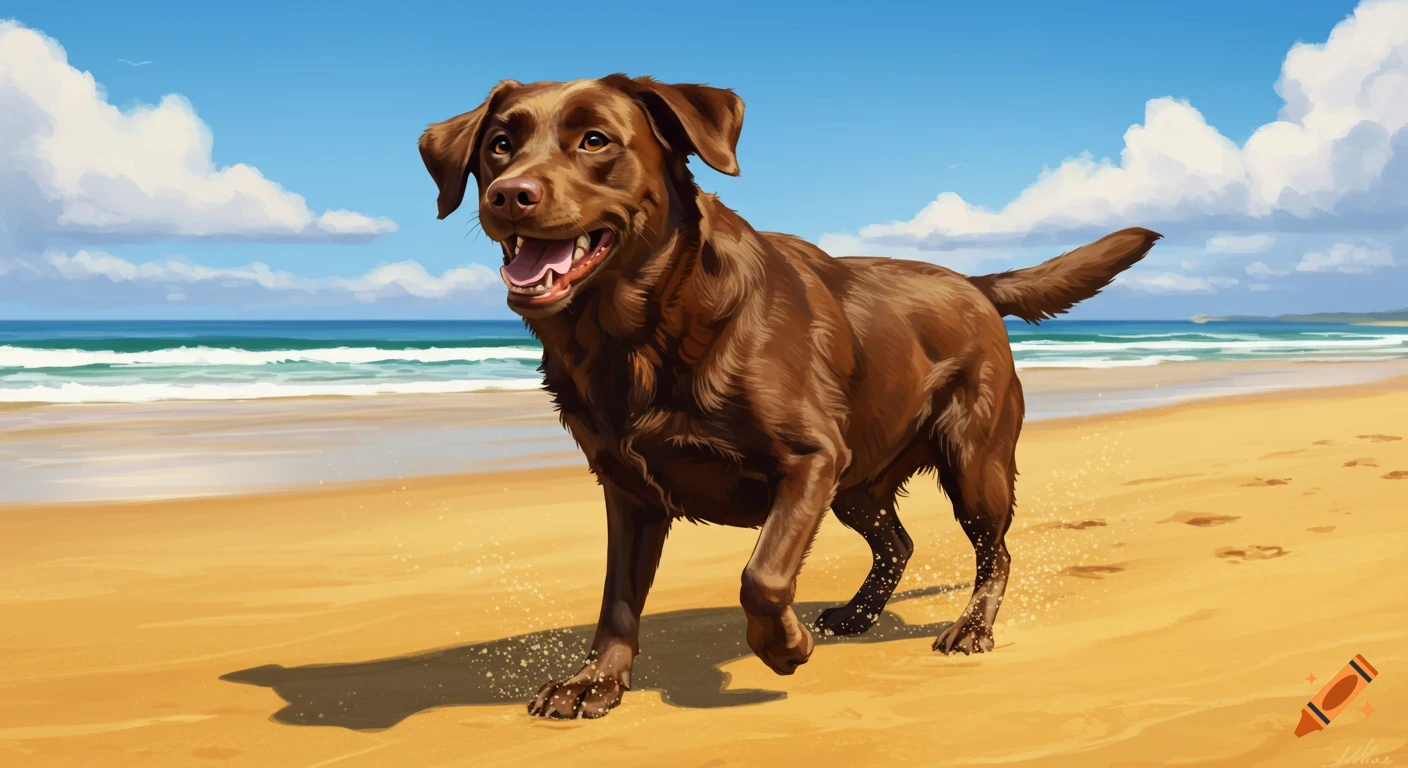 A happy chocolate labrador dog runs on a golden sandy beach under a bright blue sky with white clouds, digital art.