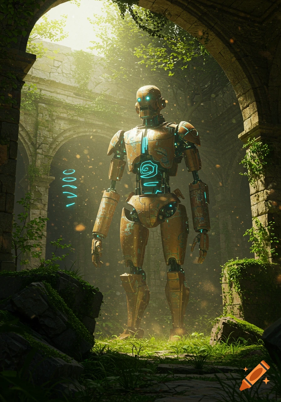 A large, weathered robot with glowing blue lights stands in sun-dappled, vine-covered ancient ruins.