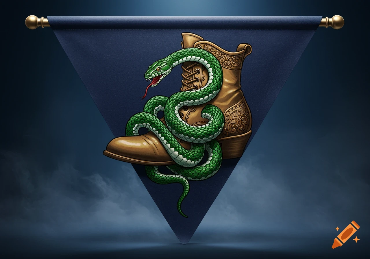 A vibrant green snake coiled around a decorative tan leather boot, set against a triangular navy blue flag.