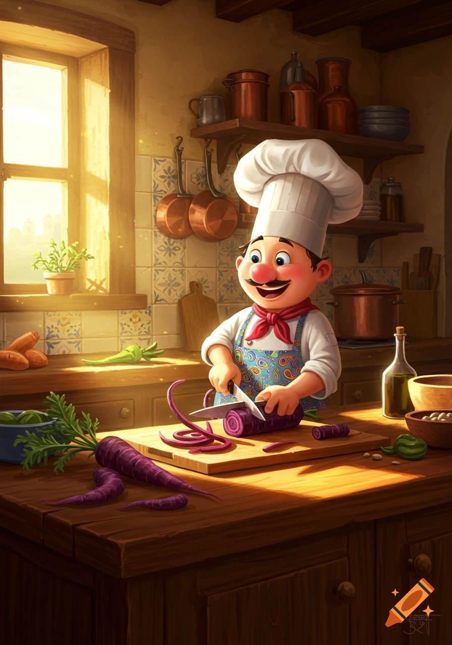A cheerful cartoon chef with a mustache and tall hat peels purple carrots on a cutting board in a sunlit, rustic kitchen.
