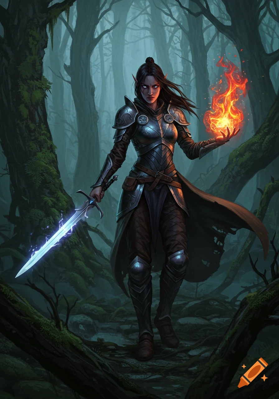 A dark-haired female elf warrior in ornate armor stands in a misty forest, holding a glowing sword and casting fire magic.