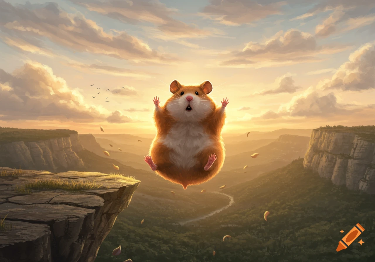 A fluffy, scared hamster with wide eyes and outstretched paws falls from a cliff over a valley at sunset, digital art.