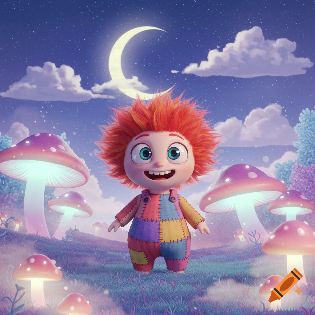 A cute, spiky-haired cartoon character in a patchwork outfit stands among glowing purple mushrooms under a crescent moonlit sky.