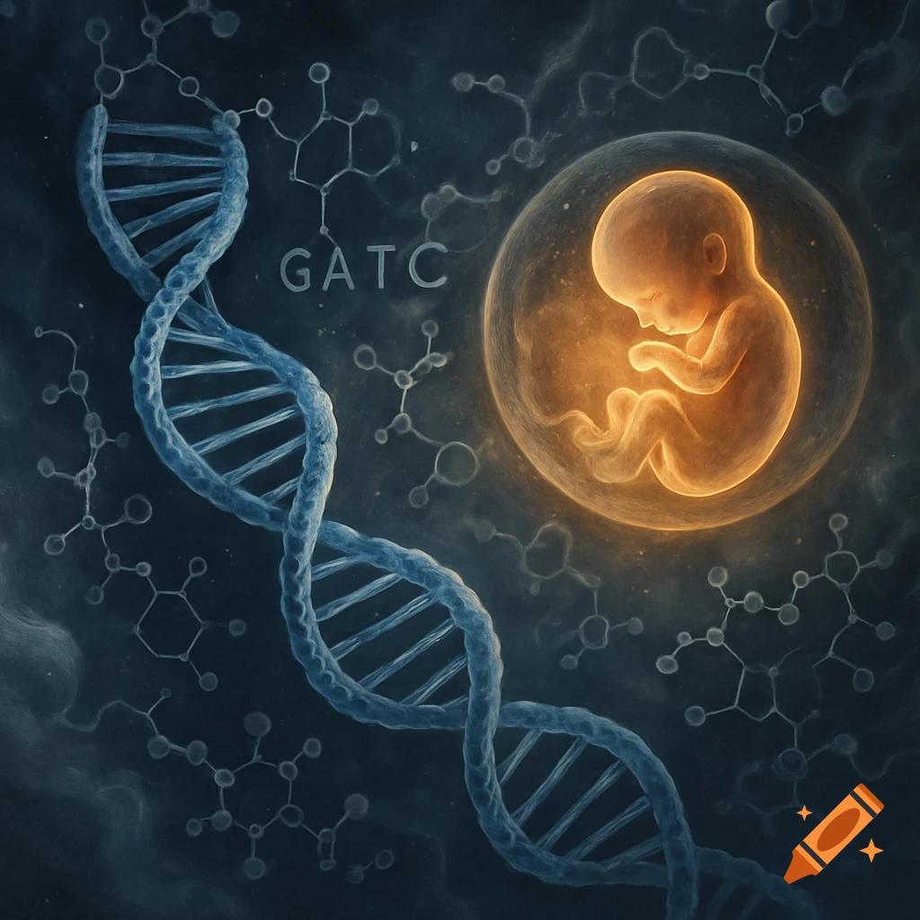 A blue DNA double helix, a glowing human embryo in a sphere, and molecular structures on a dark background.
