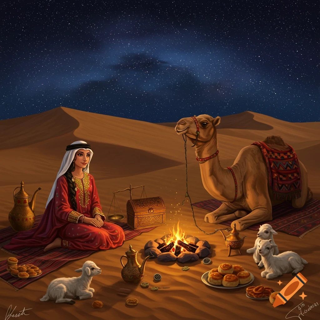 An Emirati woman in a red traditional dress sits by a campfire in a desert night with a camel, two lambs, and food.