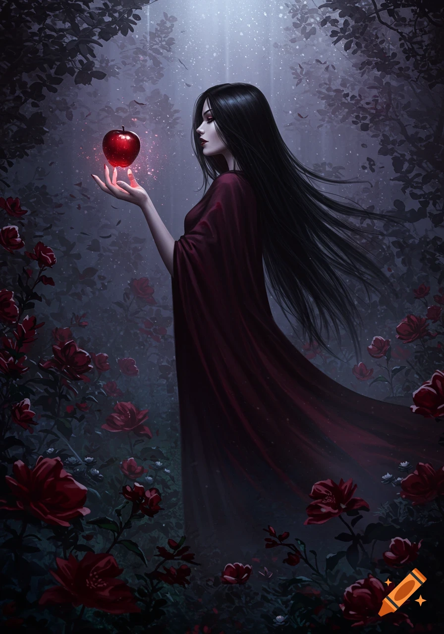 A dark-haired woman in a flowing red robe holds a glowing red apple in an enchanted, rose-filled forest.