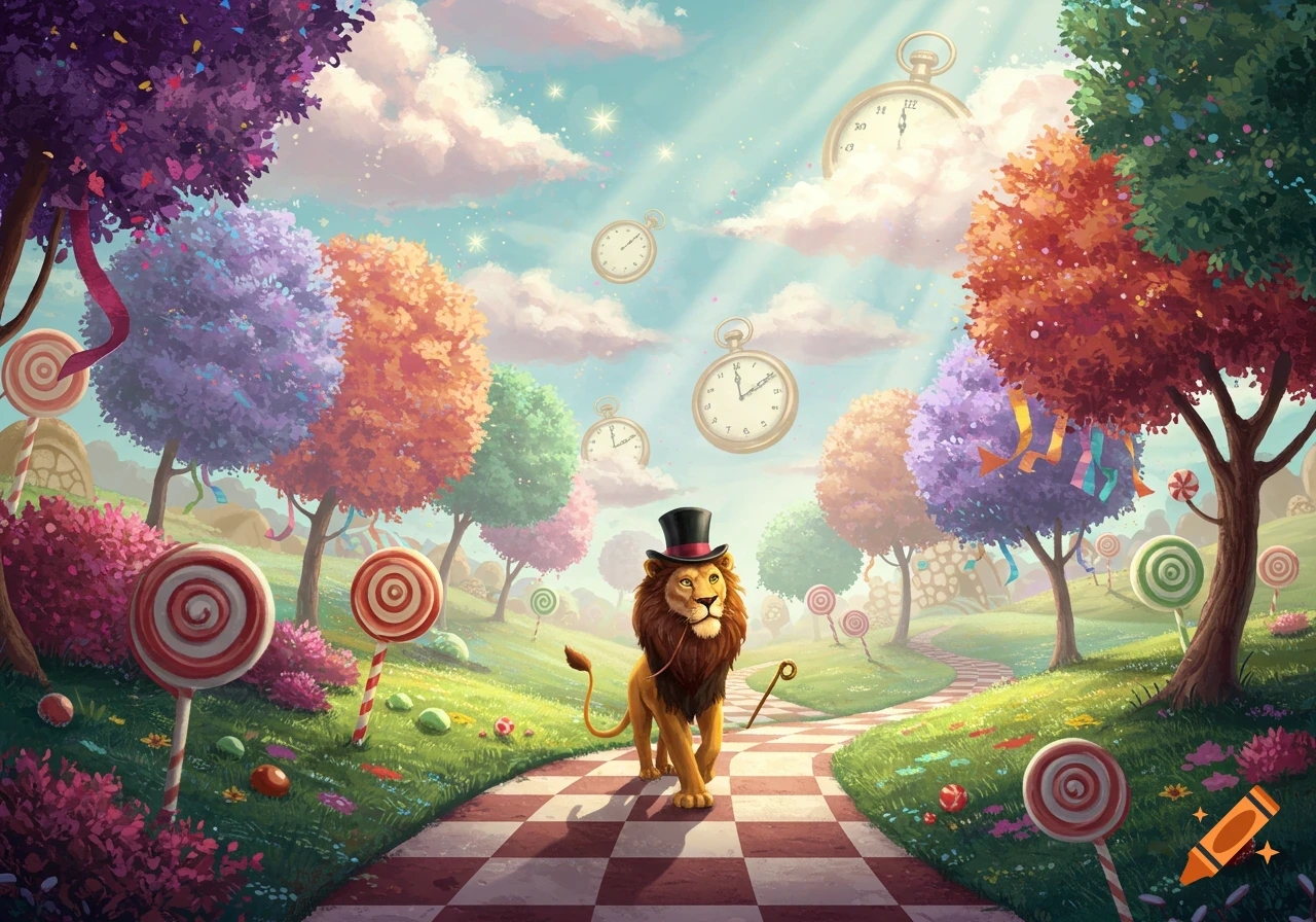 A dandy lion in a top hat walks on a red and white checkered path through a vibrant candy land with lollipop trees and floating clocks in a whimsical style.