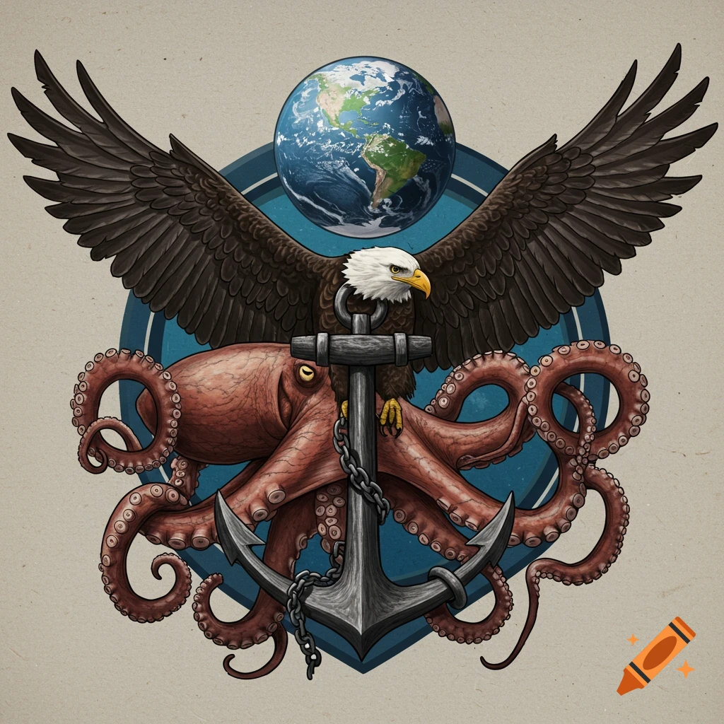 Stylized illustration of an eagle with wings spread, an octopus, and a ship's anchor, with a globe above, set on a blue shield.