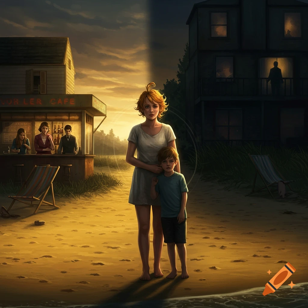 A stylized digital painting of a woman and a young boy standing barefoot on a sandy beach at sunset, with a cafe on the left and a dark house on the right.