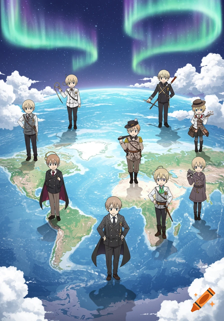 Nine anime-style male characters in various uniforms stand on a detailed world map with green and purple aurora borealis in the night sky.