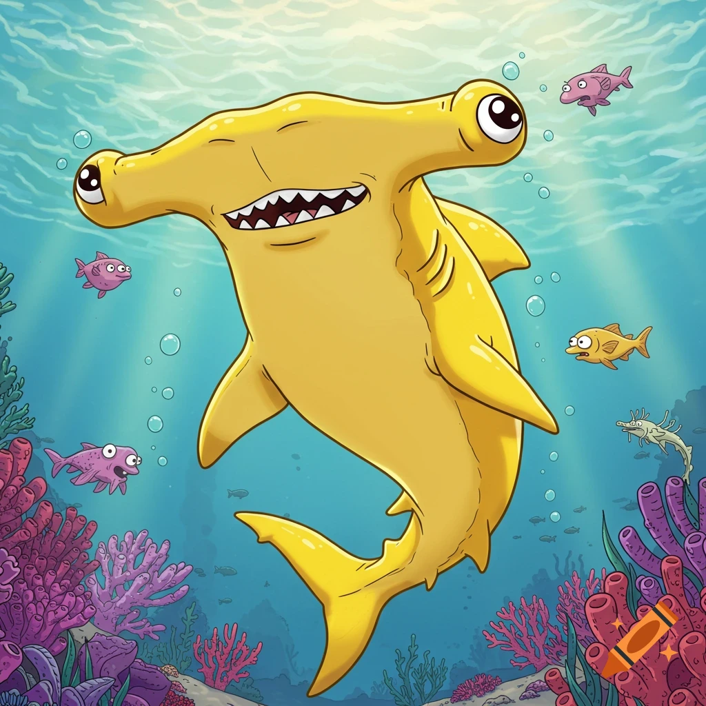 A friendly, giant yellow hammerhead shark with large eyes and a toothy grin swims underwater amidst colorful coral and small fish in a cartoon style.