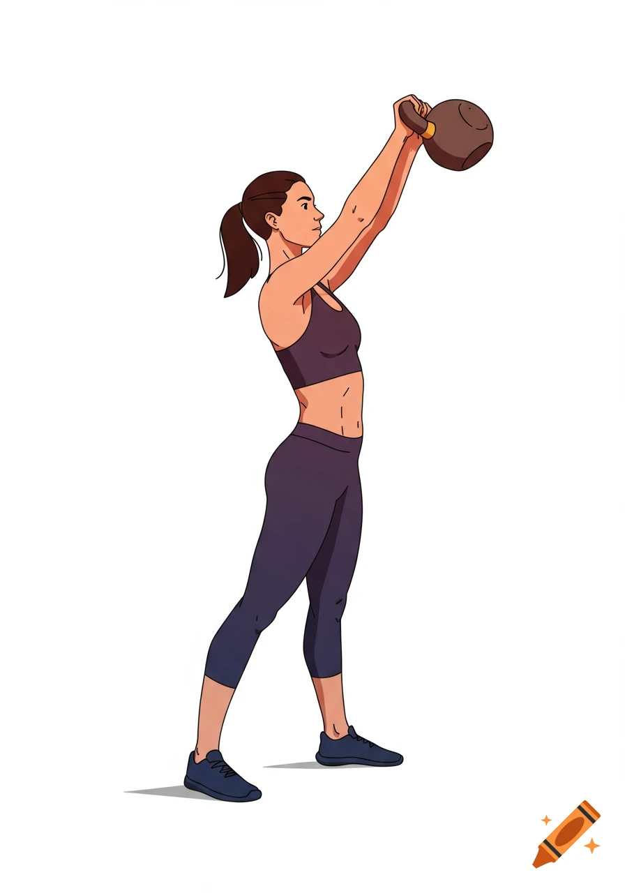 A vector illustration of a woman in athletic wear holding a kettlebell overhead on a white background.