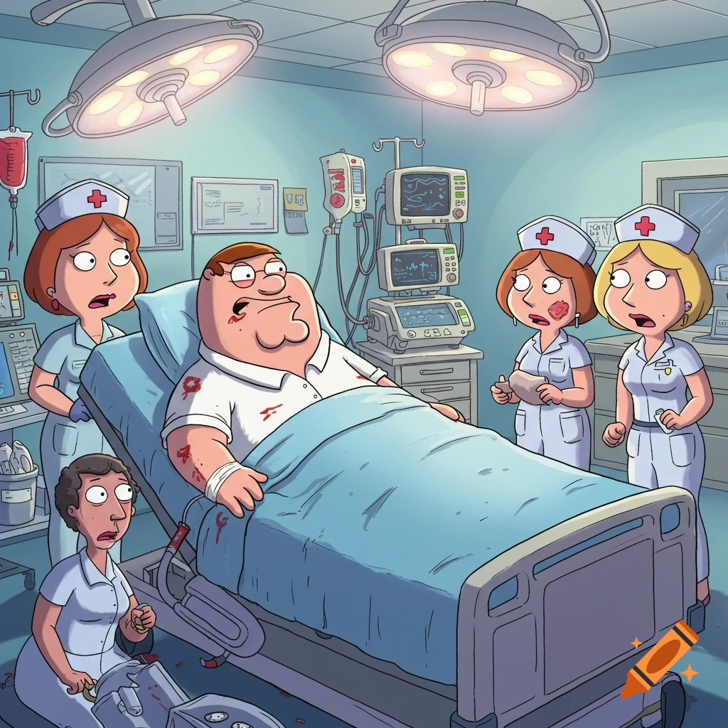 Peter Griffin is injured and lying in a hospital bed, with bloodstains on his shirt and arm, surrounded by three concerned nurses in a cartoon style.