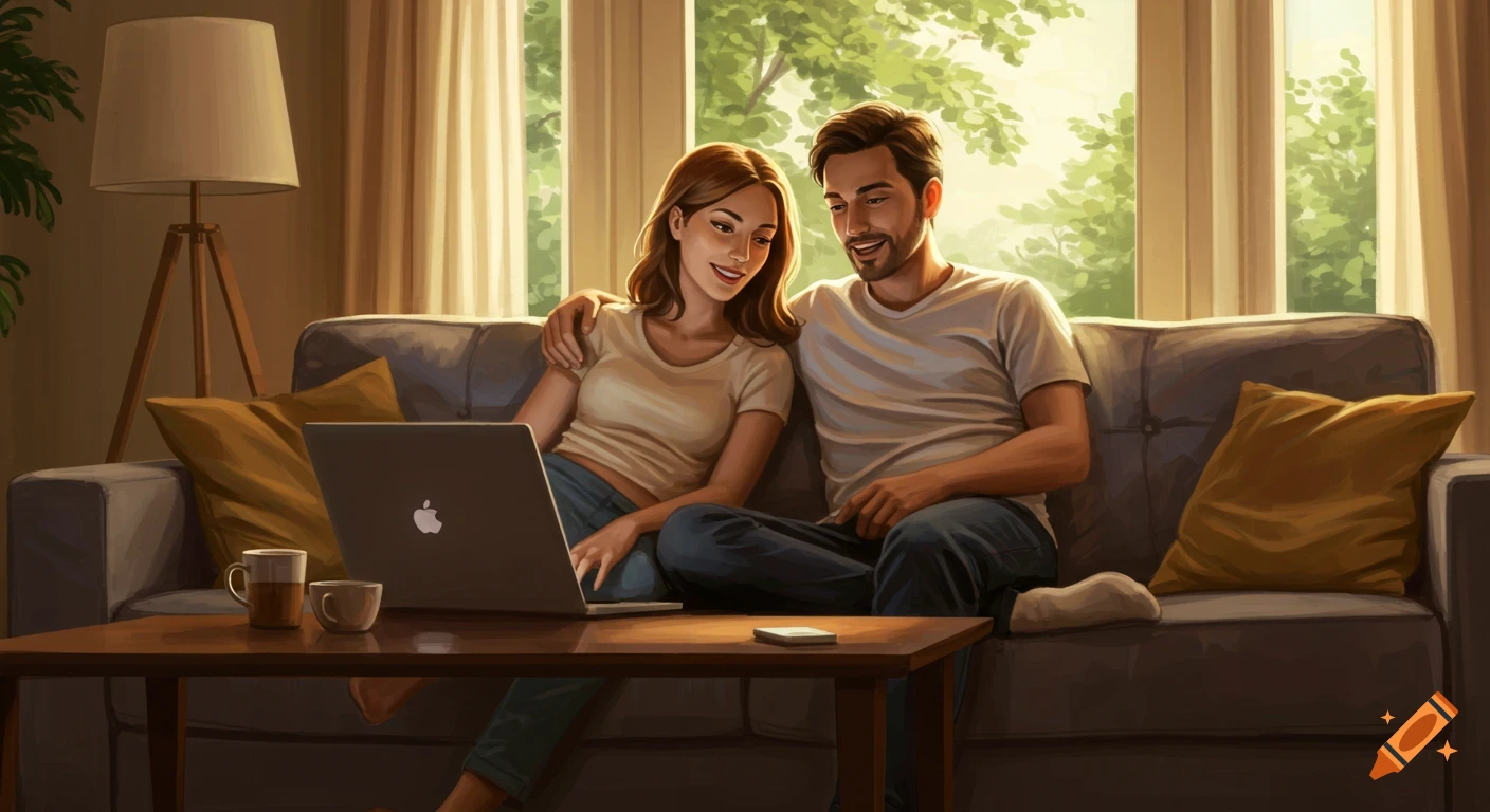 An illustration of a man and woman on a couch looking at a laptop in a sunlit living room.