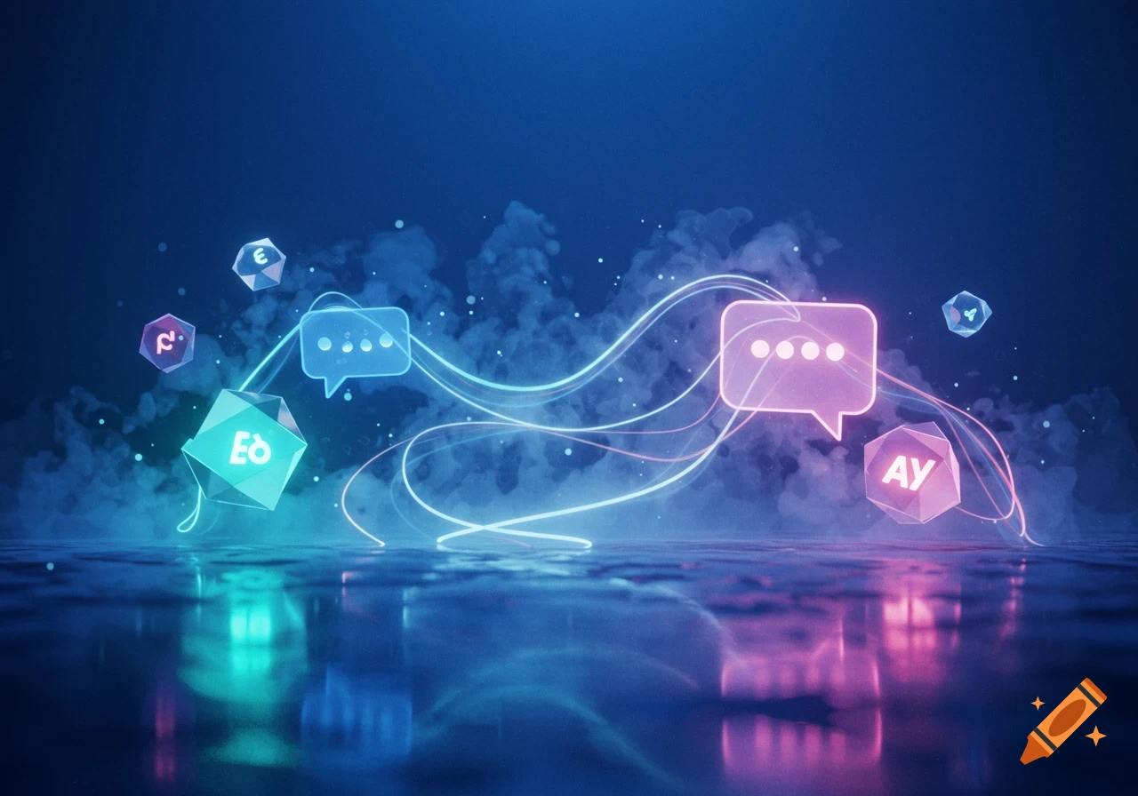 Glowing blue and pink chat bubbles with connected swirling lines, surrounded by abstract geometric cubes with symbols, reflecting on a dark, wet surface amidst haze.