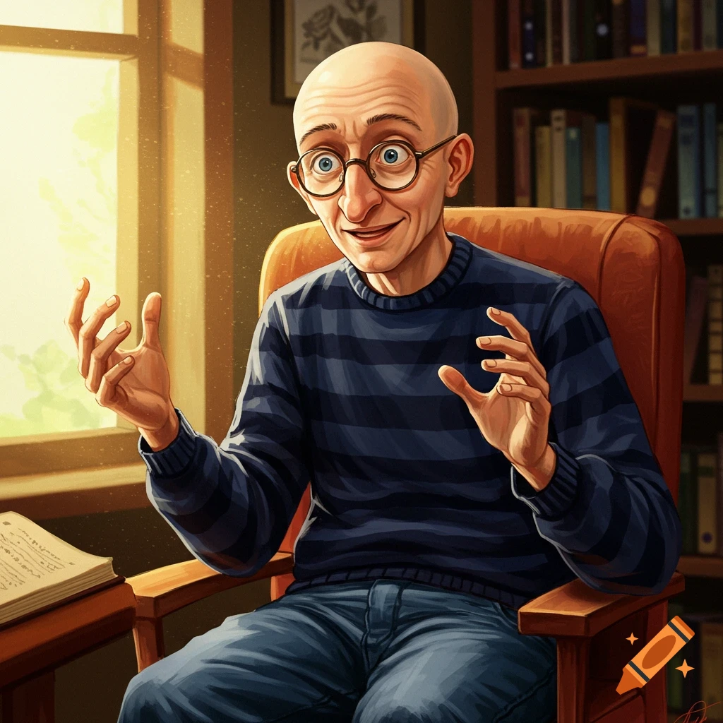 An illustration of a bald man with round glasses, wearing a striped sweater, gesticulating while sitting in a sunlit room.