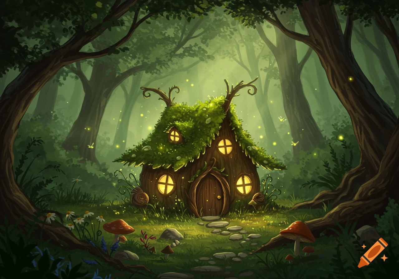 A whimsical, moss-covered fairy house with glowing windows nestled in an enchanted forest at dusk, surrounded by fireflies and mushrooms, in an illustration style.
