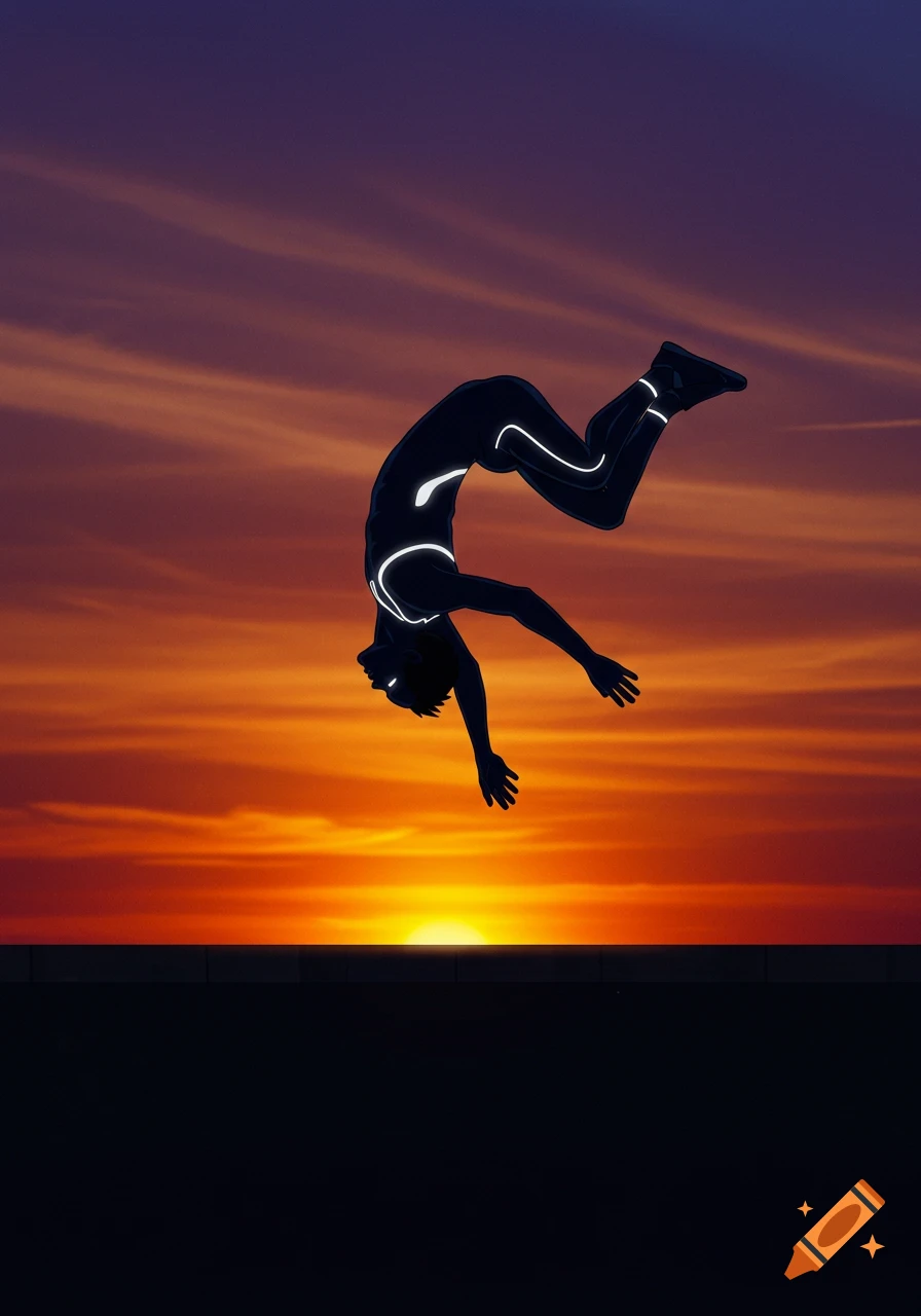 A person in a glowing outline silhouette performs a backflip against a vivid orange and purple sunset sky above a dark wall.