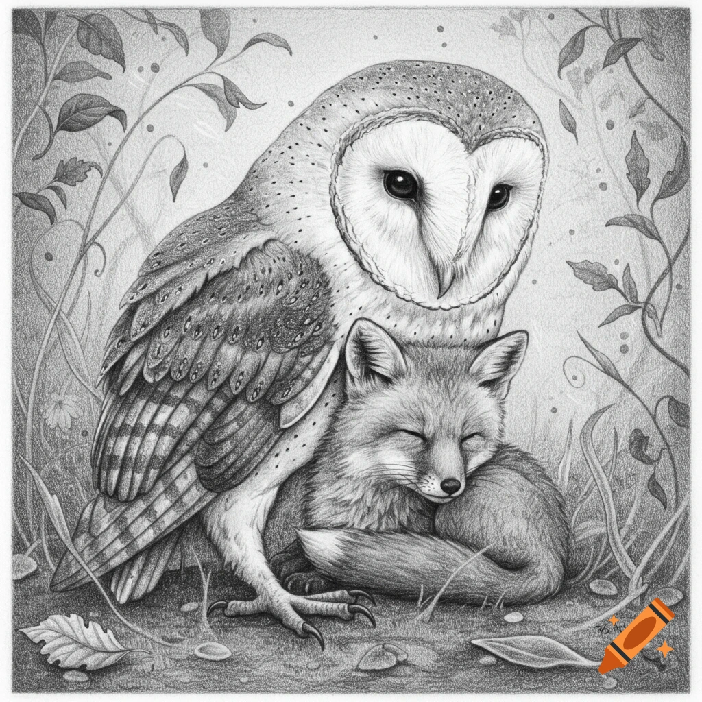 A detailed pencil drawing of a barn owl protectively embracing a sleeping fox amidst forest foliage.