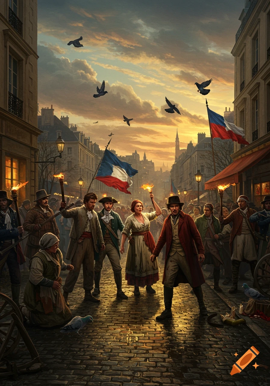 Historical scene of people in 18th-century attire holding torches and French flags on a cobblestone street in a city at sunset.