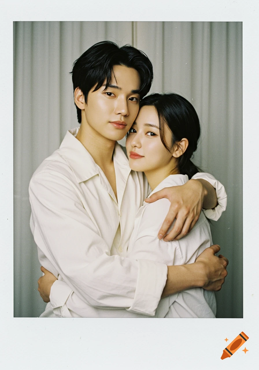 A young East Asian couple in white shirts embracing, looking at the camera in a soft focus portrait.