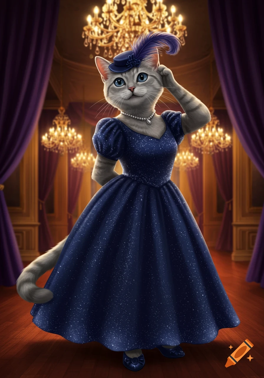 An anthropomorphic cat in a sparkly blue evening dress and feathered hat, standing in a grand ballroom with chandeliers.