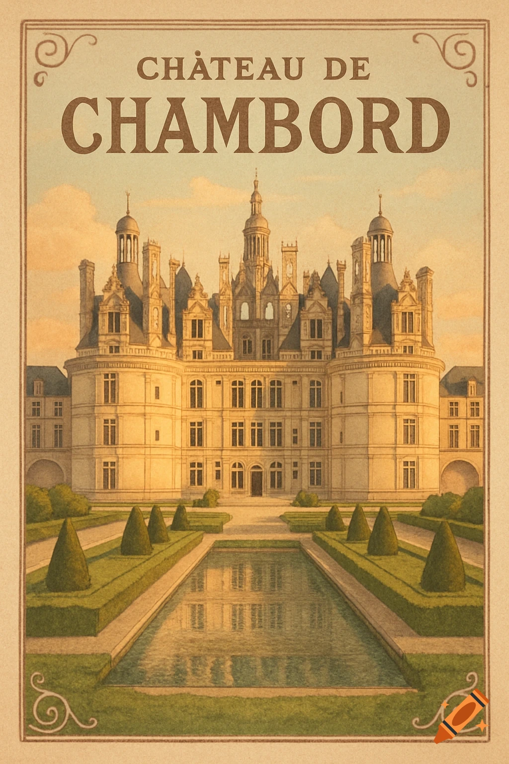 Vintage illustration of Château de Chambord, a grand French castle with multiple turrets, symmetrical gardens, and a reflective moat.