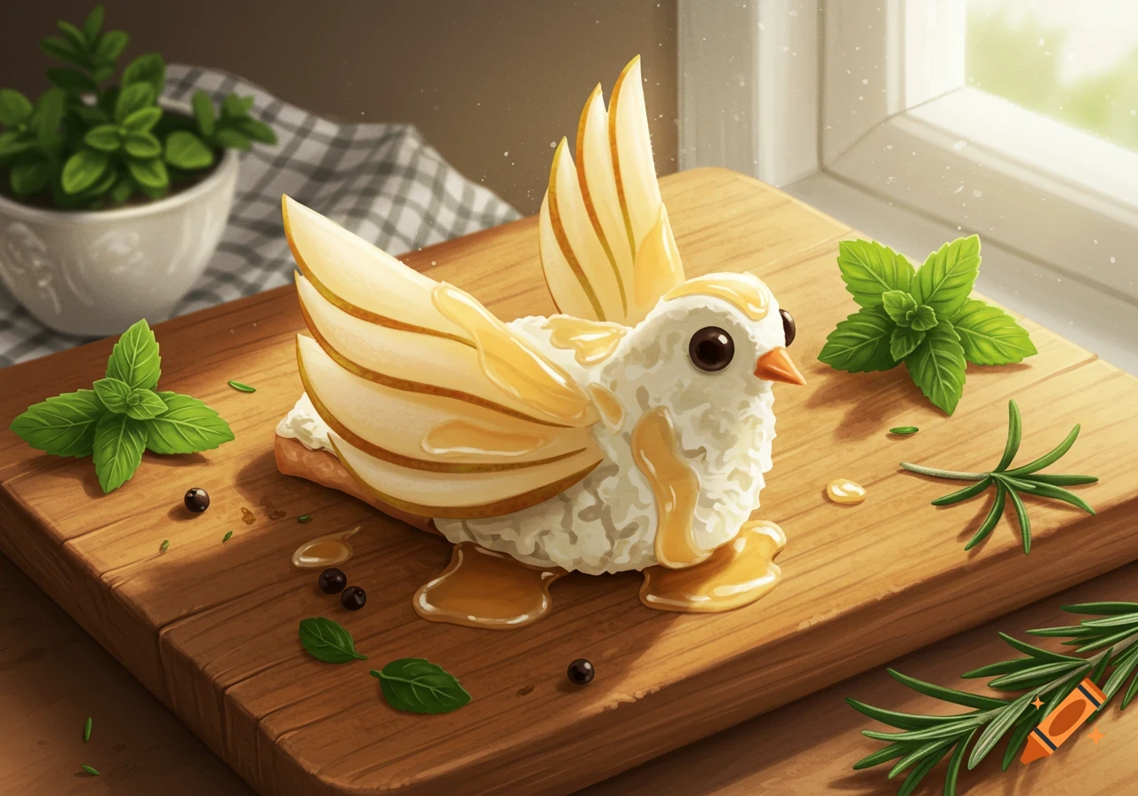 A bird-shaped canape made of rice and pear slices, drizzled with honey, surrounded by mint and rosemary on a wooden cutting board.