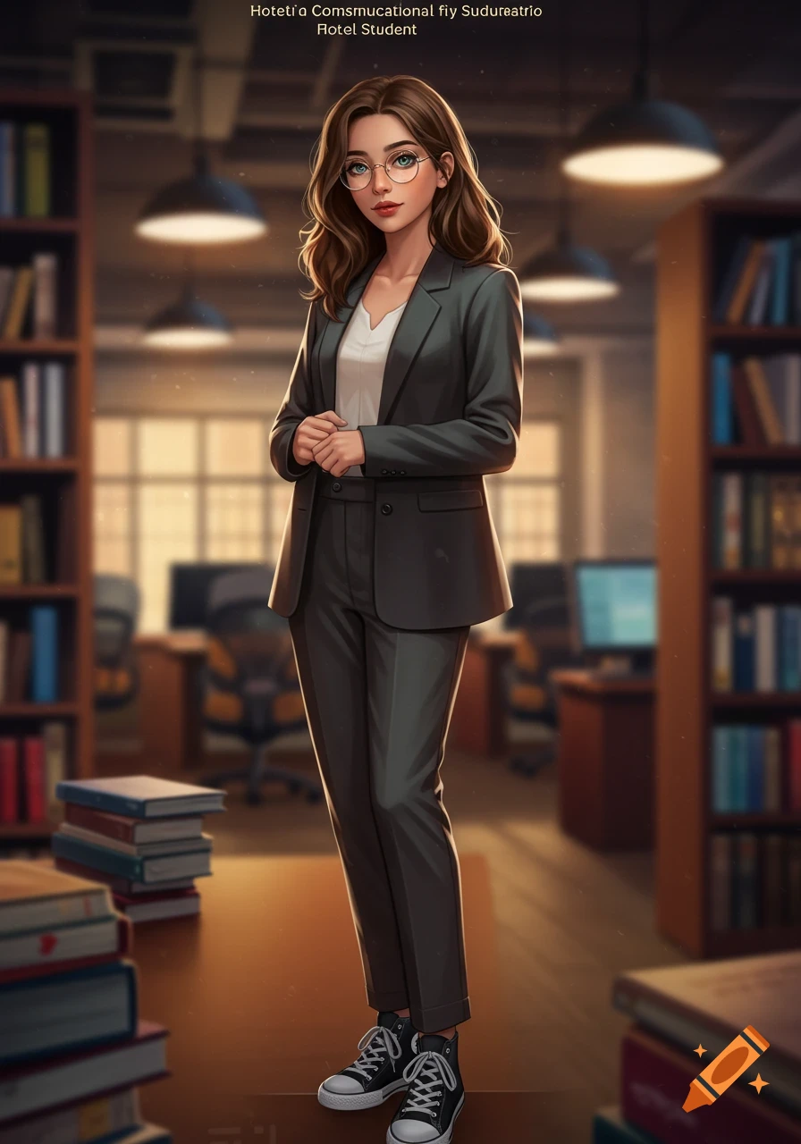 A brown-haired woman with glasses wearing a dark suit and sneakers stands in a library, in an anime art style.