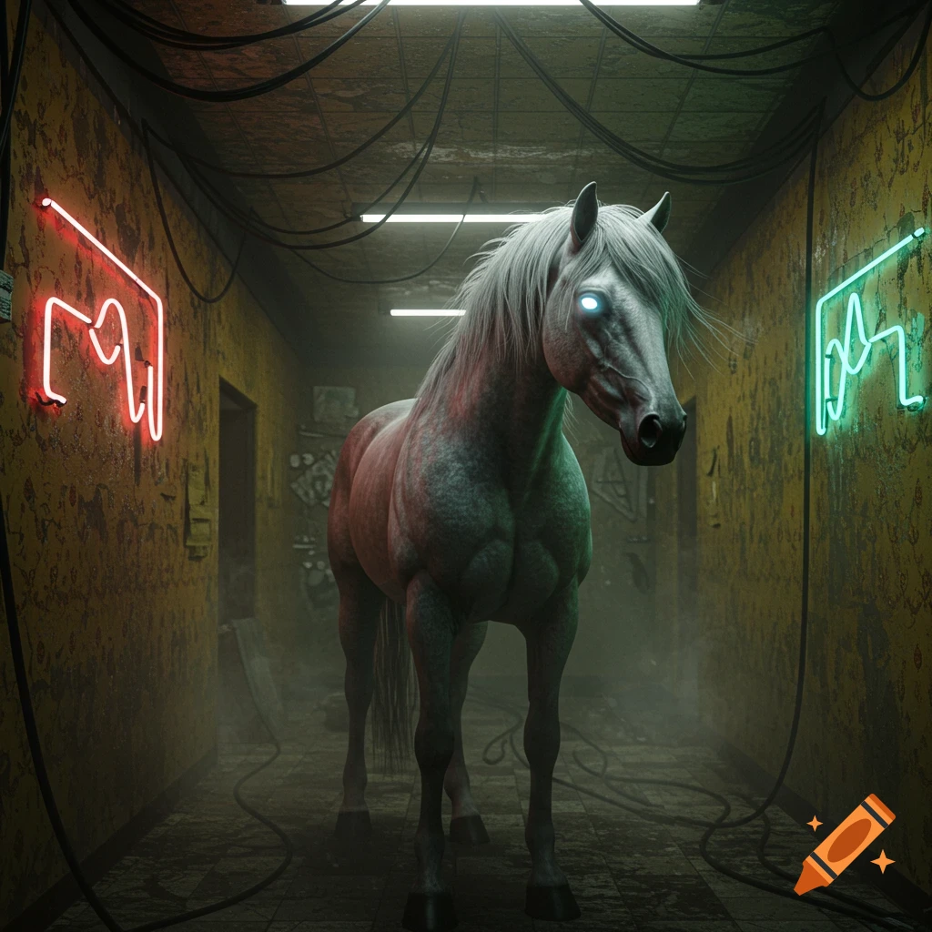 A white horse with glowing blue eyes stands in a dark, grimy cyberpunk hallway lit by red and green neon signs.