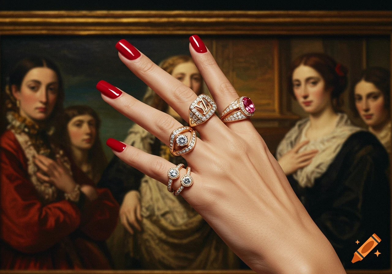 A hand with red polished nails and ornate brand rings in front of a blurred classical painting.