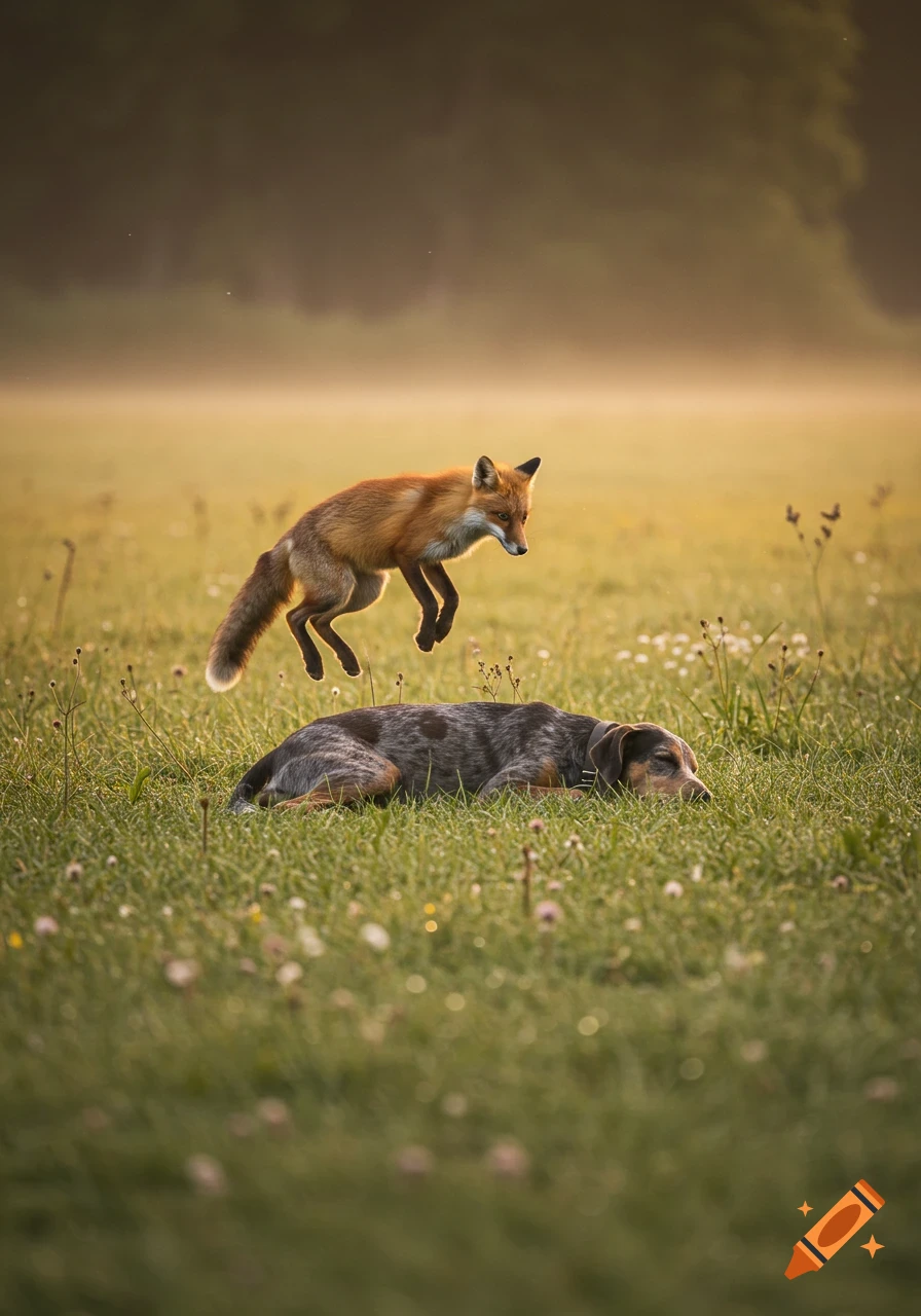 A red fox leaps over a sleeping spotted dog in a grassy field at sunrise, photorealistic.
