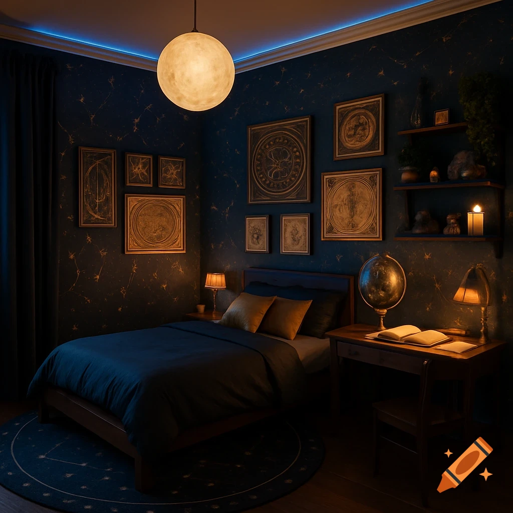A celestial-themed bedroom with a moon lamp, constellation wallpaper, a dark blue bed, and a desk with a globe and open book, lit by soft warm light.