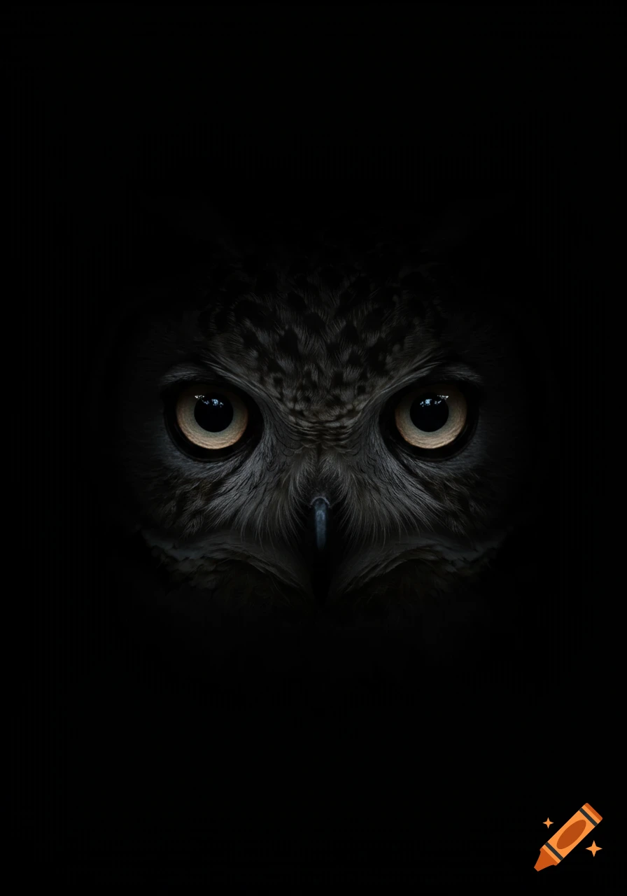 Close-up photorealistic portrait of an owl's face with glowing eyes emerging from deep darkness.