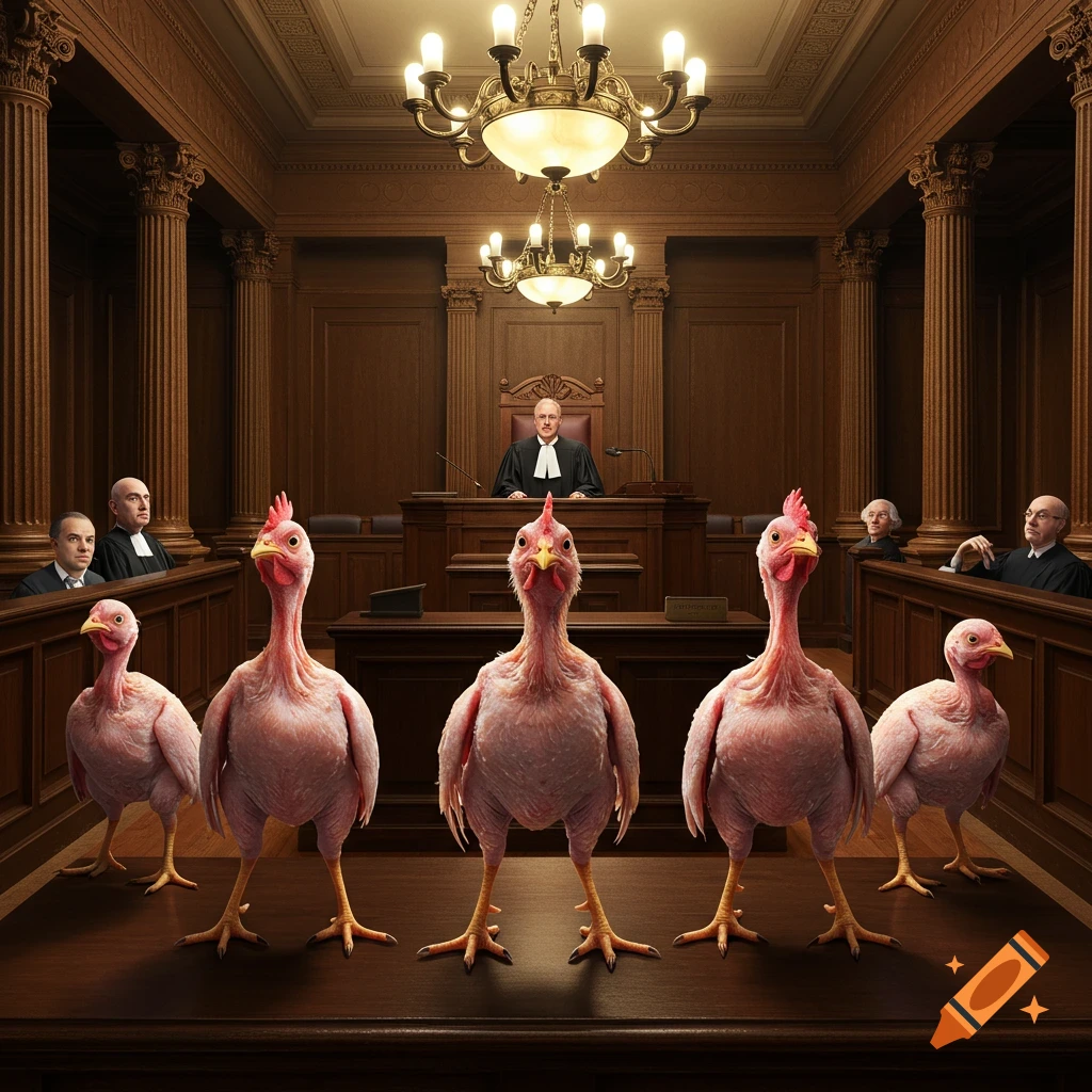 Photorealistic image of several featherless chickens standing on a table in a formal courtroom, with a judge and lawyers present.