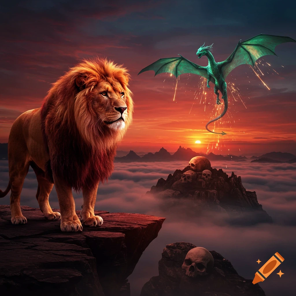A majestic lion on a cliff watches a green dragon fly in a fiery sunset sky over a skull-laden, cloud-covered fantasy landscape.